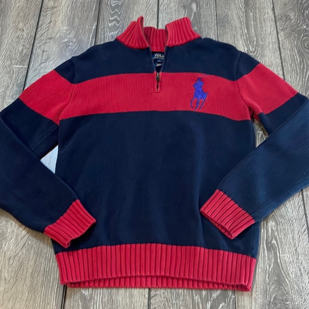 Polo by Ralph Lauren Red and Blue Rugby Striped Sweater Pullover Youth XL 18-20
